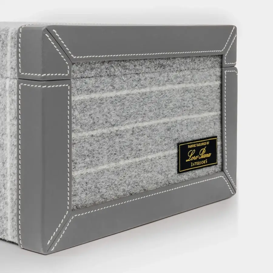 Exquisite Vèlle Milano Cigars Humidor Grand in grey textured fabric with smooth leather trim and white stitching