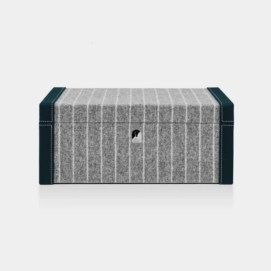 Sophisticated Vèlle Milano Cigars Humidor Grand in grey vertical stripe fabric with dark teal leather and white stitching