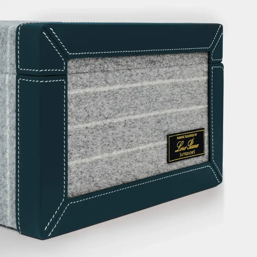 Sophisticated Vèlle Milano Cigars Humidor Grand crafted from heather grey Loro Piana Interiors fabric with deep teal leather trim