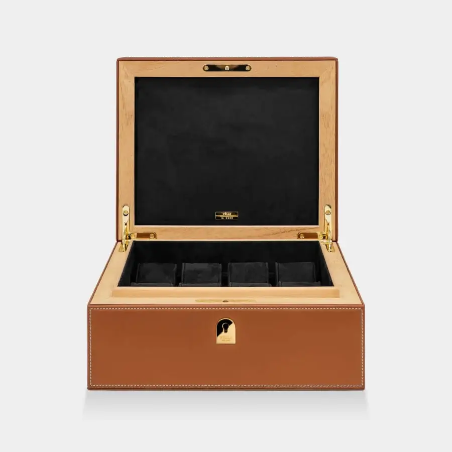 Impeccable Vèlle Milano Watch Case in cognac brown padded leather with refined white contrast stitching and light wood trim