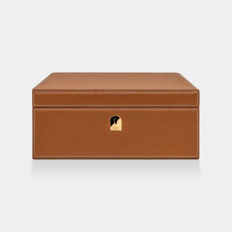 Sumptuous Vèlle Milano Watch Case in tan brown padded leather with white contrast stitching and polished gold-toned plate