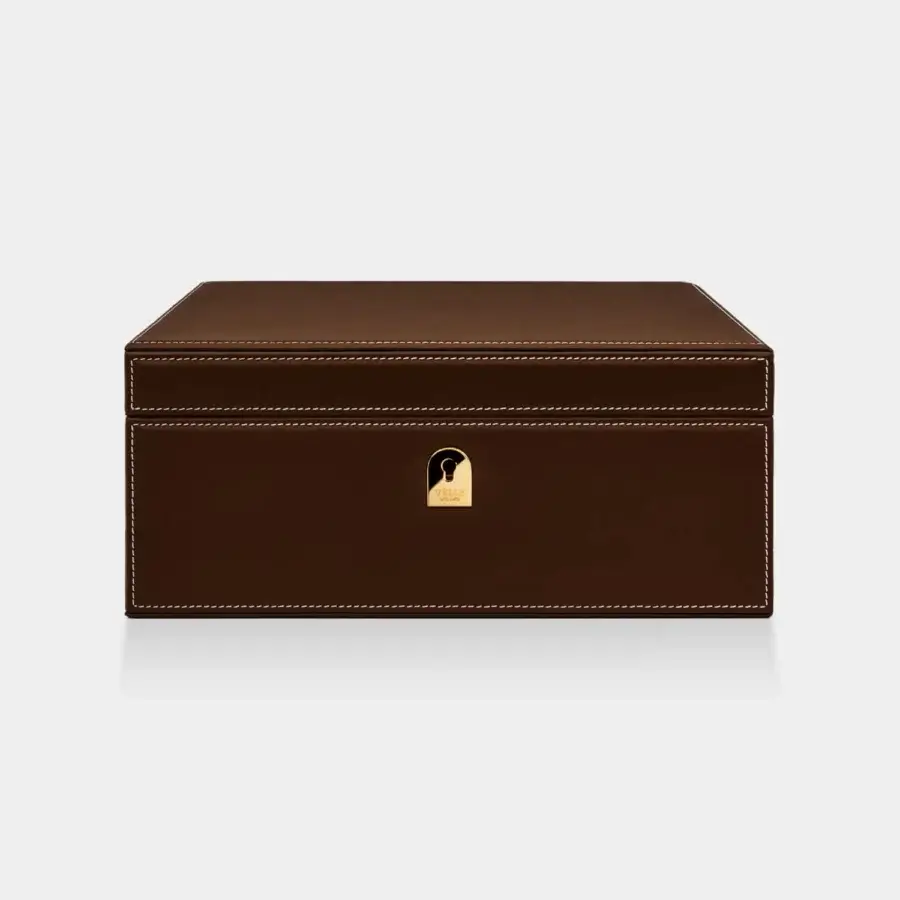 Sumptuous Vèlle Milano watch case in dark brown padded leather with cream contrast stitching and gold-toned emblem