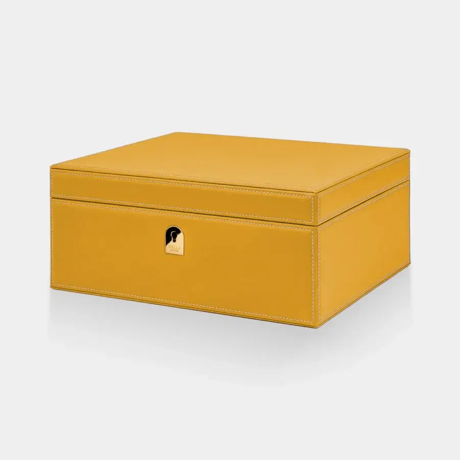 Refined Vèlle Milano watch case in mustard yellow padded leather with white contrast stitching and gold-toned metal hardware