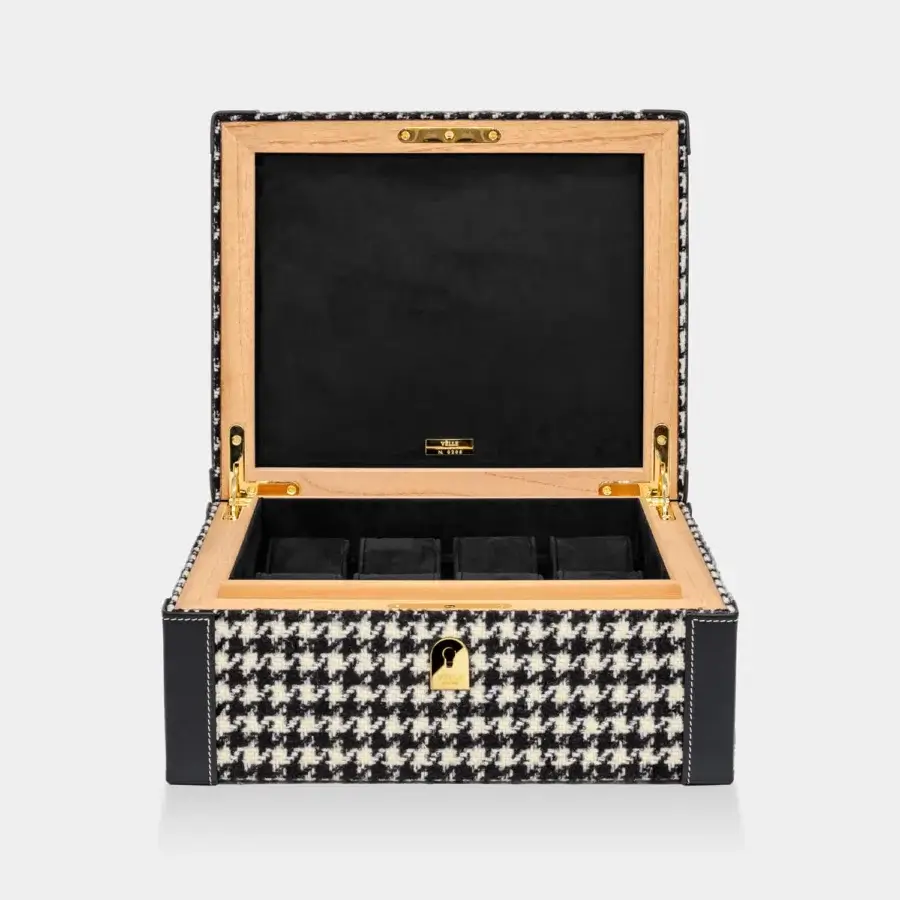 Sophisticated Vèlle Milano Watch Case crafted from black and white Loro Piana houndstooth fabric with gold-toned hardware