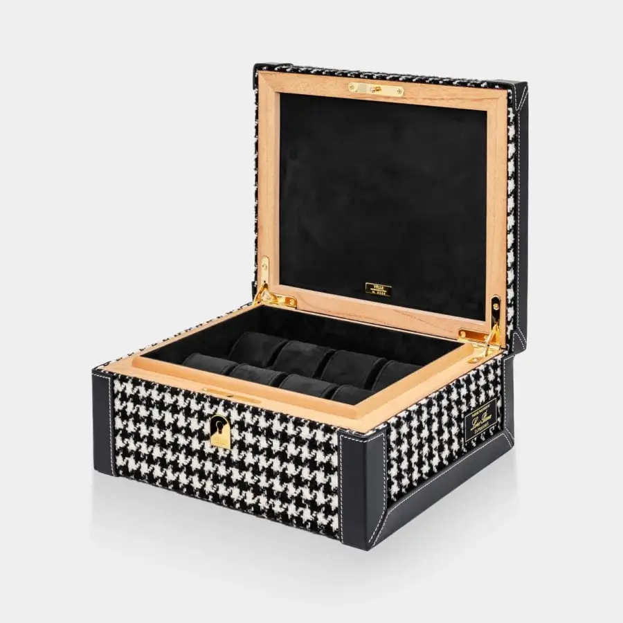 Distinguished rectangular Vèlle Milano watch case in black and white Loro Piana houndstooth fabric with gold toned hardware