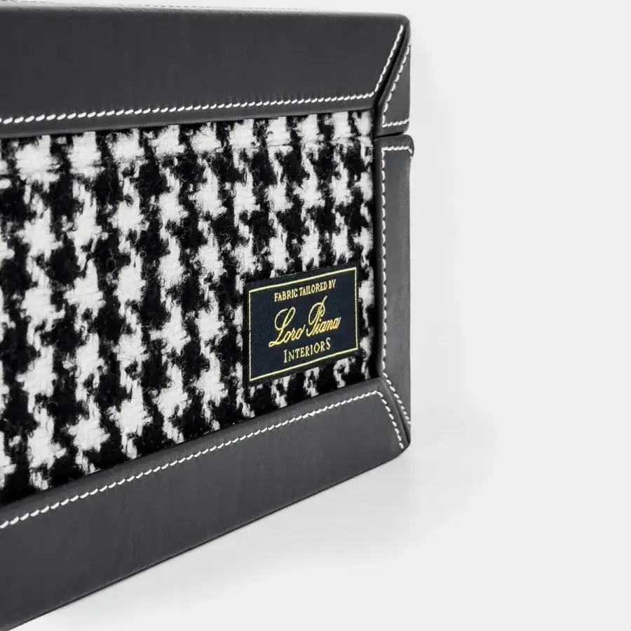 Sumptuous Vèlle Milano watch case in black and white Loro Piana Interiors fabric with smooth leather contrast detail