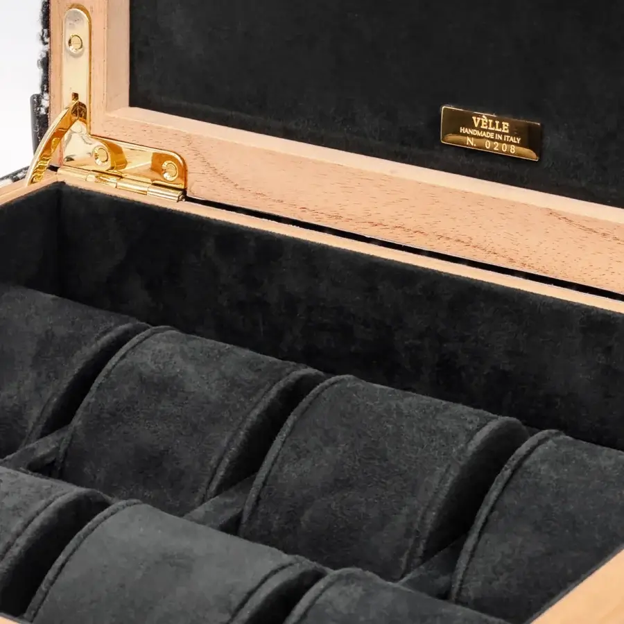 Sophisticated Vèlle Milano watch case in smooth natural wood finish with microfiber interior and gold-toned metal hardware