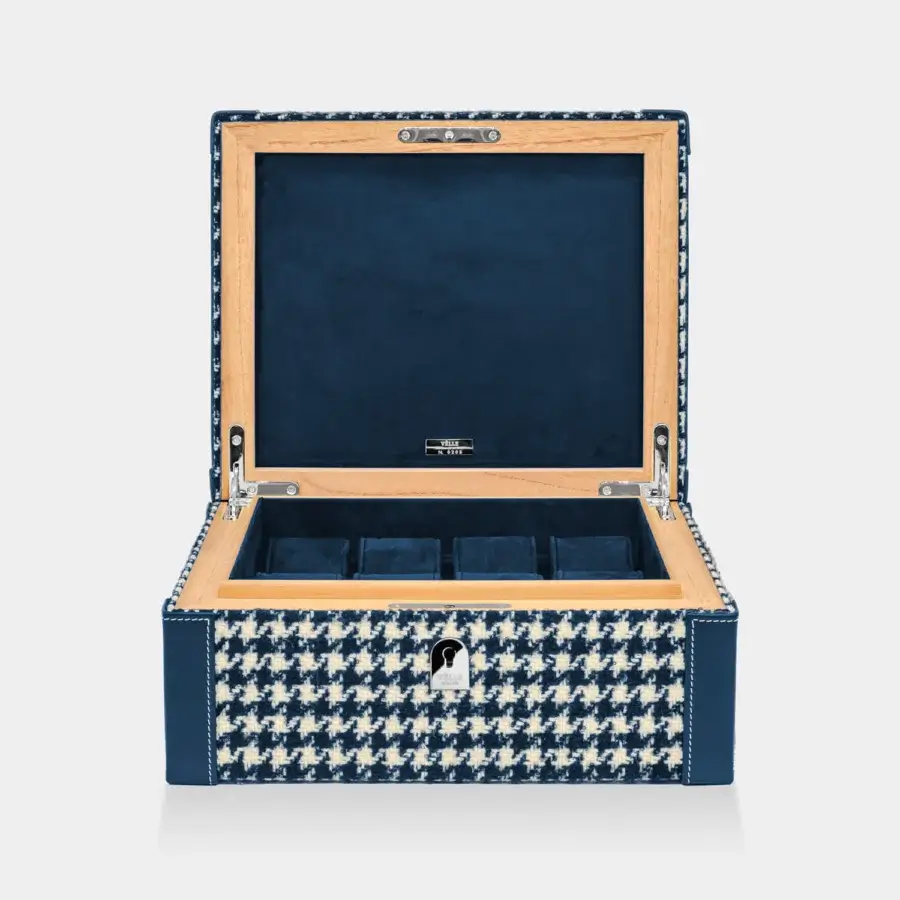 Exquisite Vèlle Milano watch case crafted from blue and white houndstooth Loro Piana fabric with silver-tone metal, light wood