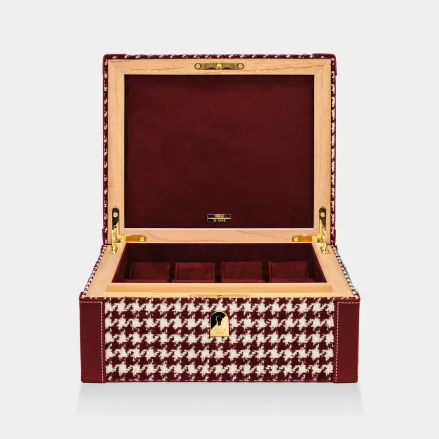 Sophisticated Vèlle Milano watch case in Loro Piana Interiors houndstooth fabric with burgundy accents and gold toned metal