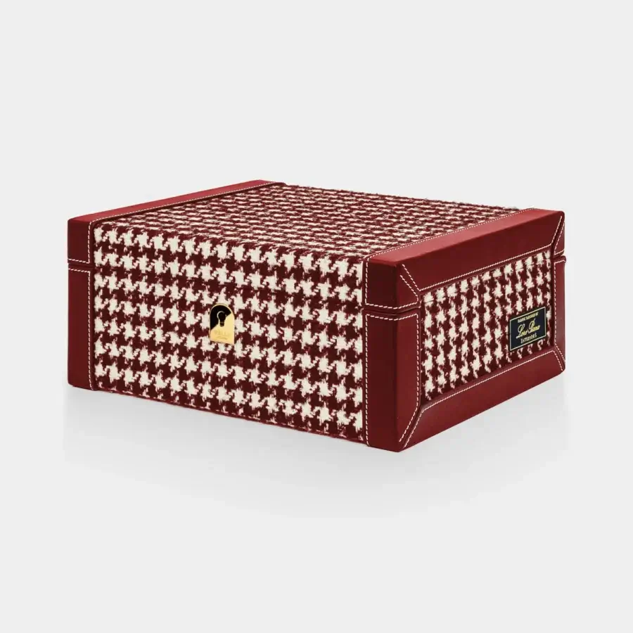 Premium Vèlle Milano watch case in Loro Piana Interiors deep red and cream houndstooth fabric with white contrast stitching
