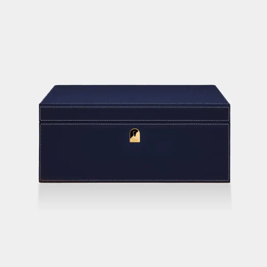 Refined Vèlle Milano Watch Case Grand in navy blue padded leather with white contrast stitching and gold-toned metal lock