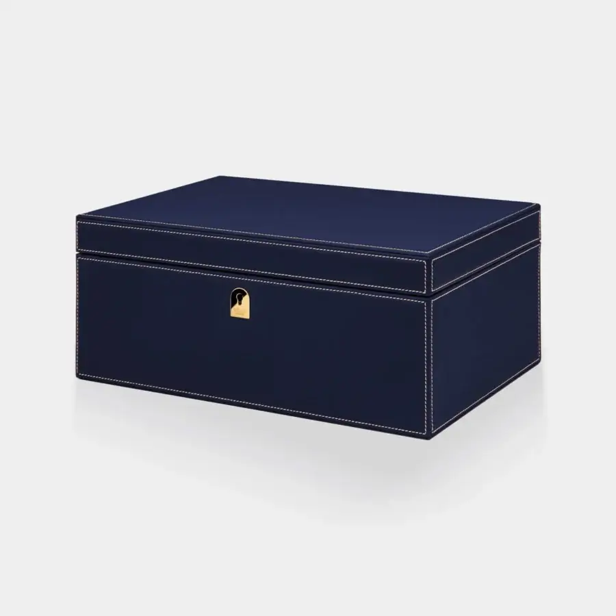 Exquisite Vèlle Milano Watch Case Grand in navy blue Loro Piana Interiors fabric with leather trim and gold toned lock