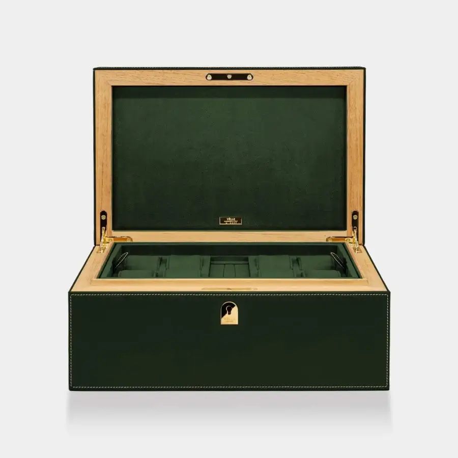 Prestige Vèlle Milano Watch Case Grand in forest green Loro Piana Interiors fabric with leather trim and gold-toned hardware
