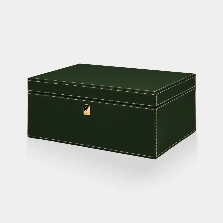 Impeccable Vèlle Milano Watch Case Grand in deep forest green Loro Piana fabric with leather trim and gold-toned hardware