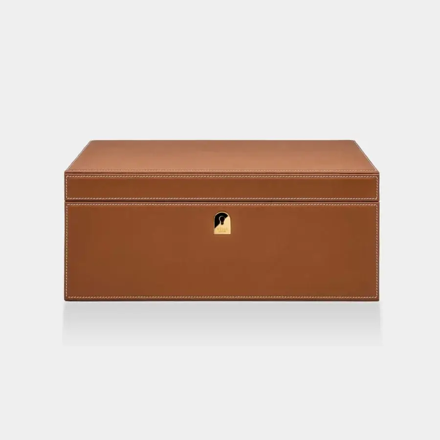Sumptuous Vèlle Milano Watch Case Grand in cognac-toned padded leather with white contrast stitching and gold metal lock
