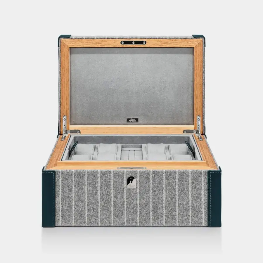 Elite Vèlle Milano Watch Case Grand in grey striped Loro Piana Interiors fabric with dark teal leather and natural wood framing