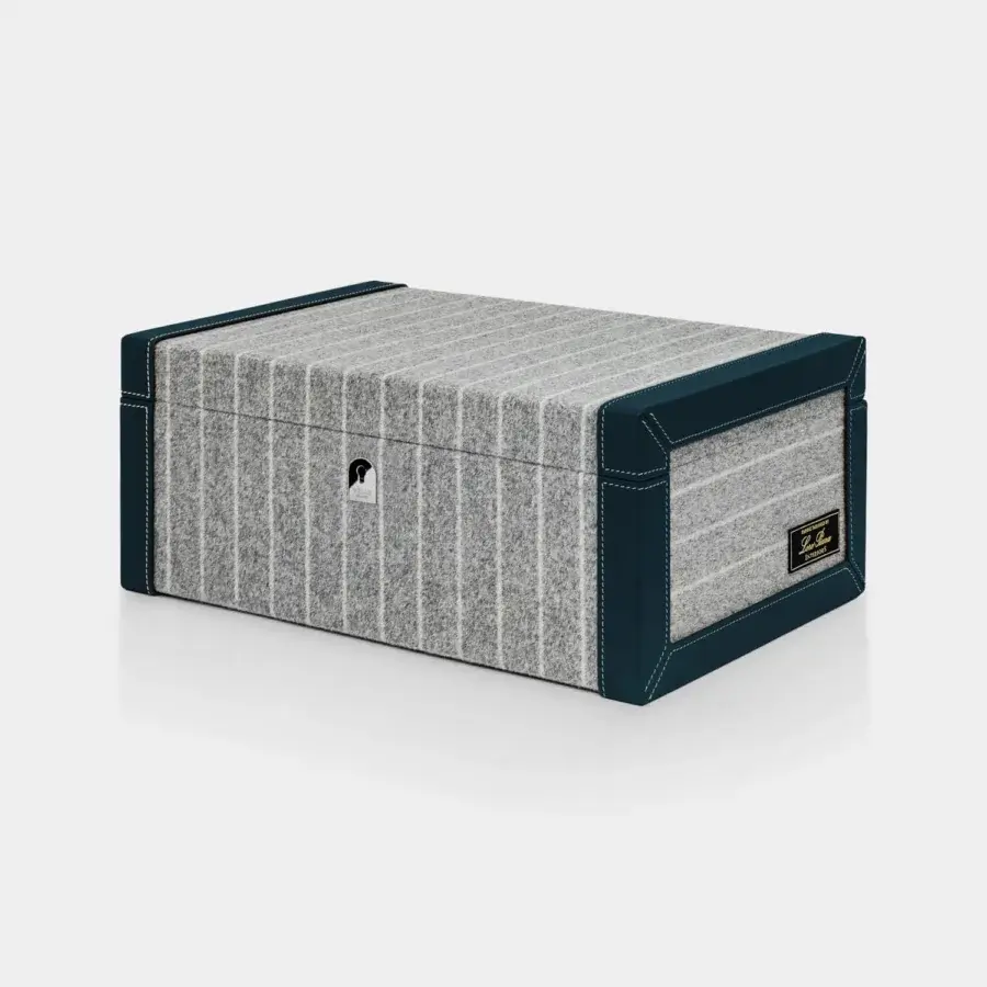 Handcrafted Vèlle Milano Watch Case Grand in grey striped Loro Piana Interiors with navy leather trim and white stitching
