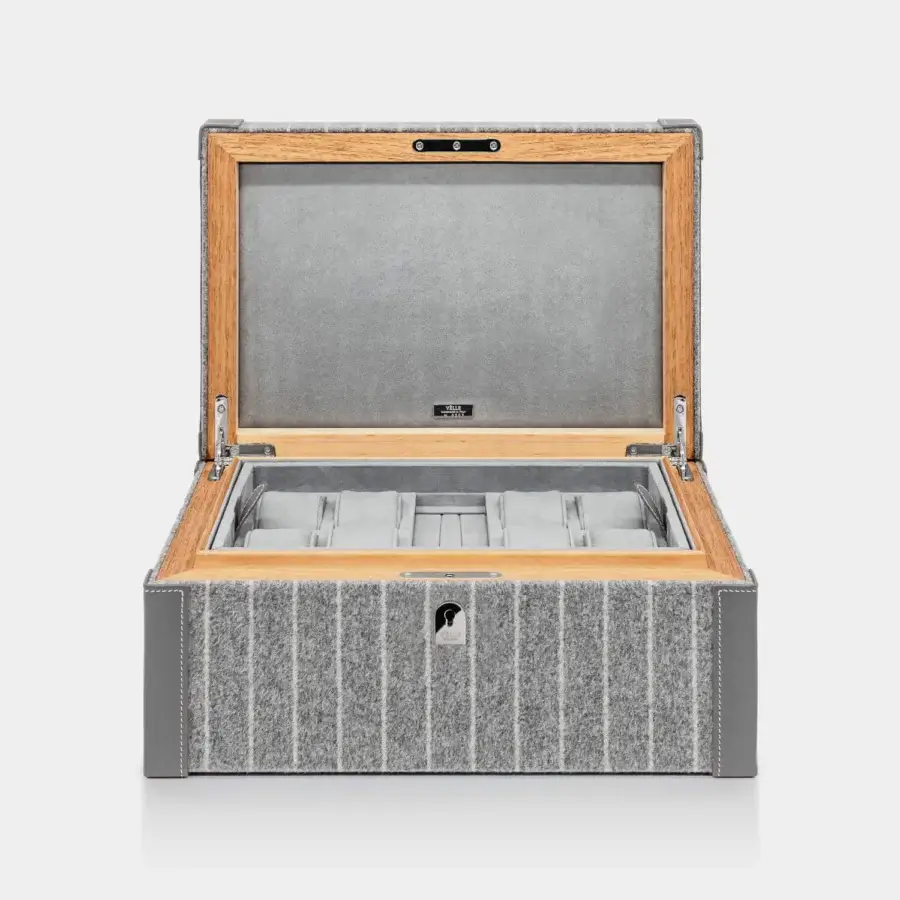 Sumptuous Vèlle Milano Watch Case Grand in grey striped Loro Piana Interiors fabric with leather trim and natural wood structure