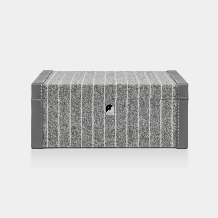 Impeccable Vèlle Milano Watch Case Grand in grey striped Loro Piana Interiors fabric with leather trim and metallic lock