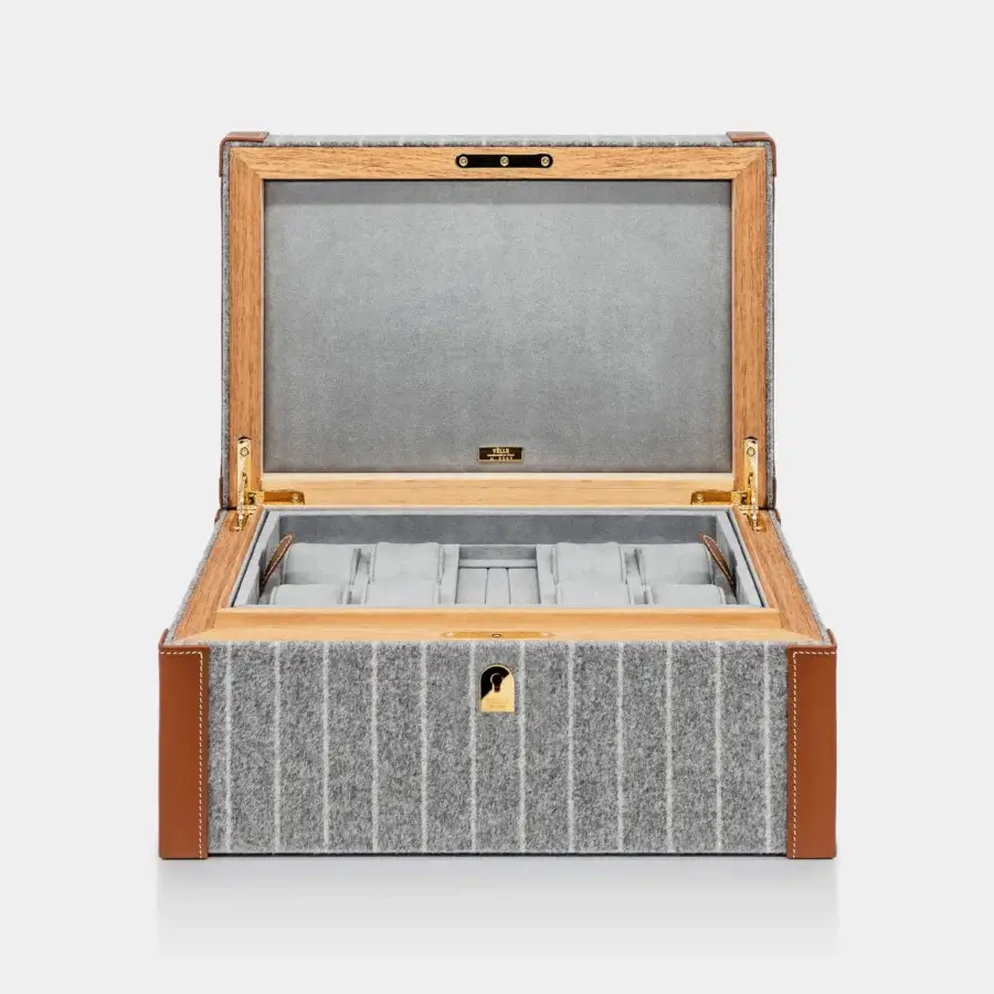Sumptuous Vèlle Milano Watch Case Grand in grey striped Loro Piana Interiors fabric with brown leather and gold tone hardware