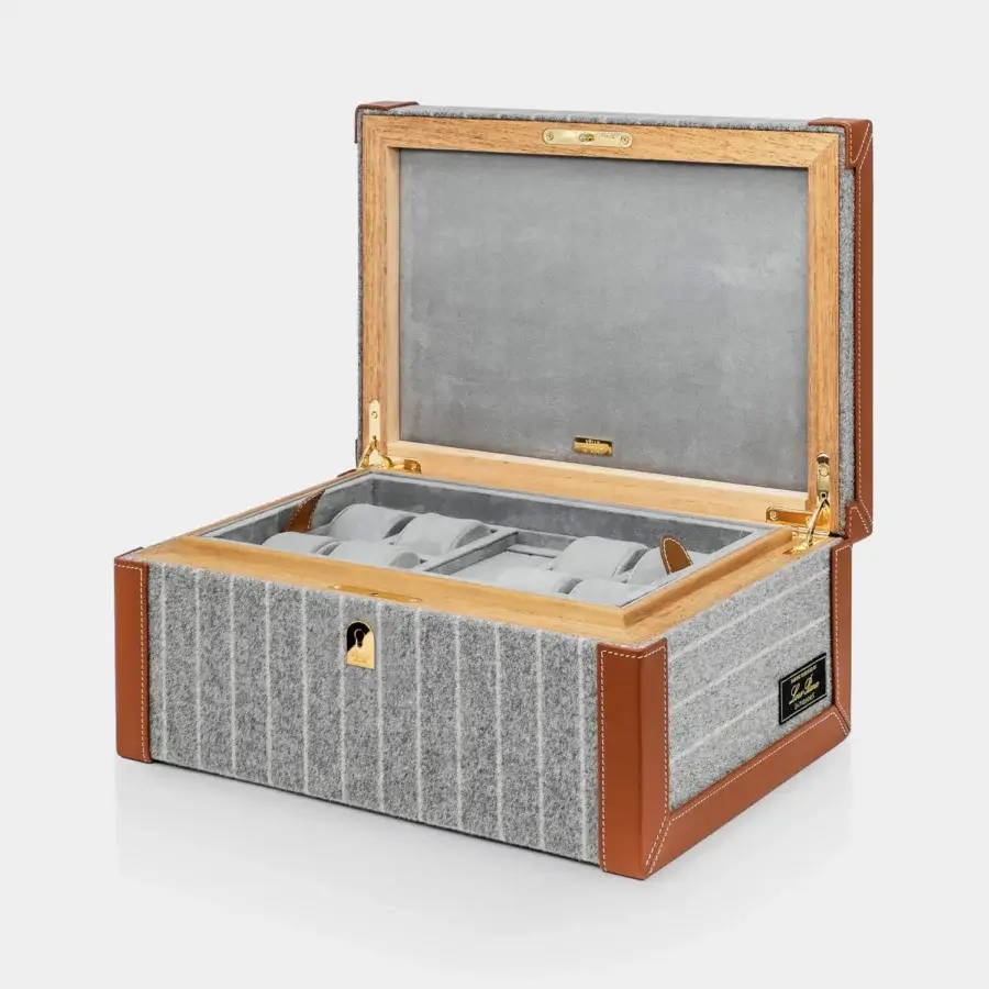 Refined Vèlle Milano Watch Case Grand in grey striped Loro Piana Interiors fabric with brown leather polished gold toned hardware