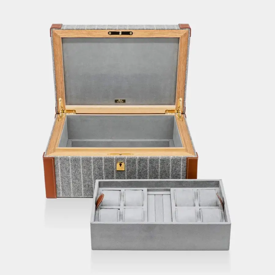 Refined Vèlle Milano Watch Case Grand in grey pinstripe Loro Piana fabric with brown leather trim and gold-toned hardware