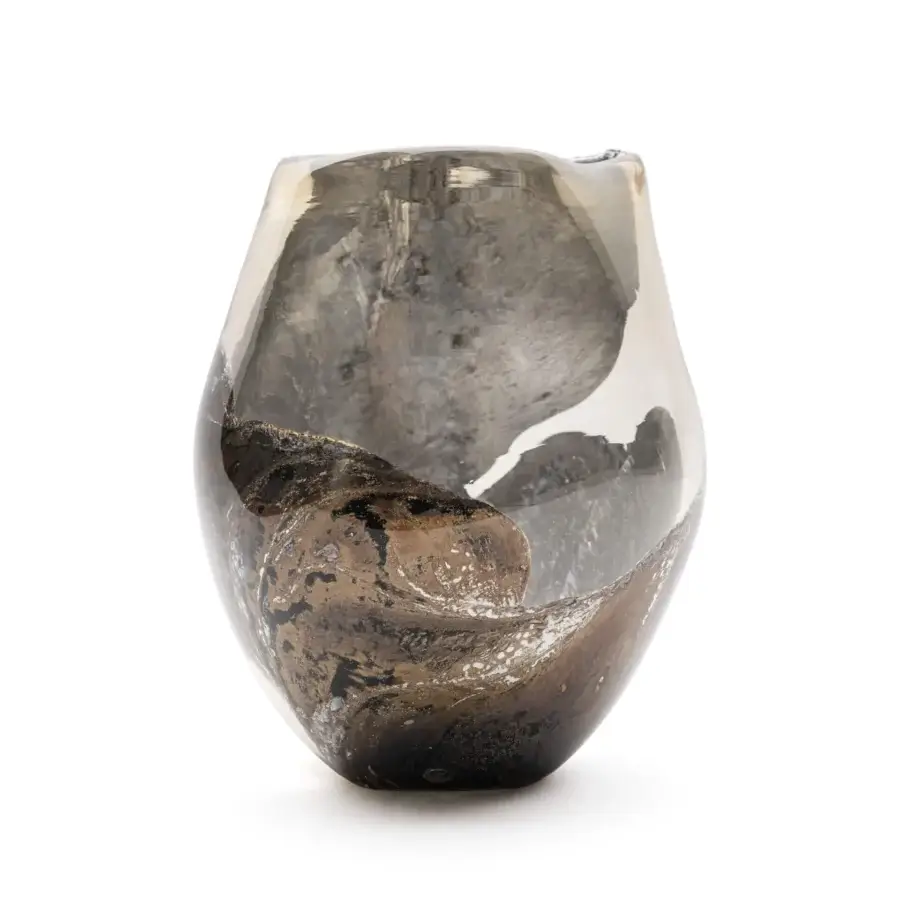 Lustrous Bocci 93.2026.21 vase in smoky grey, deep brown, metallic bronze blown glass and aluminum with marbled swirls