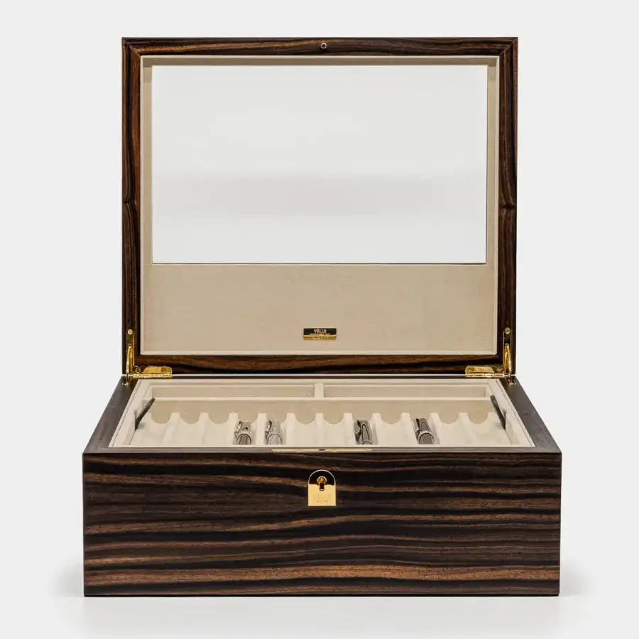 Exquisite Vèlle Milano Monaco pens box in dark Macassar ebony with gold-colored metal hardware and cream microfiber interior