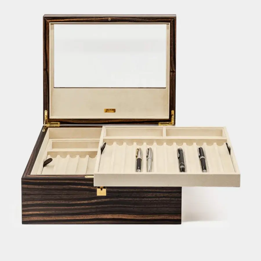Refined Vèlle Milano Monaco pens box in dark brown grain Macassar ebony with glass window and polished gold toned hardware