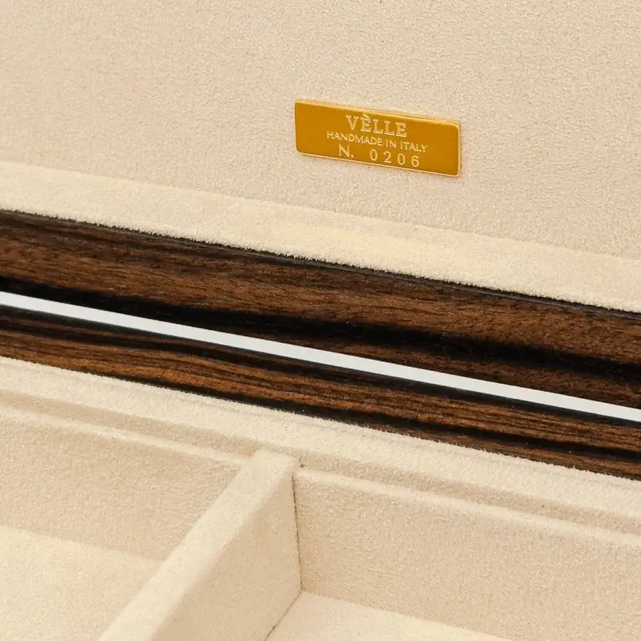 Distinguished Vèlle Milano Monaco Pens Box in dark brown grain Macassar ebony with smooth satin finish and cream microfiber