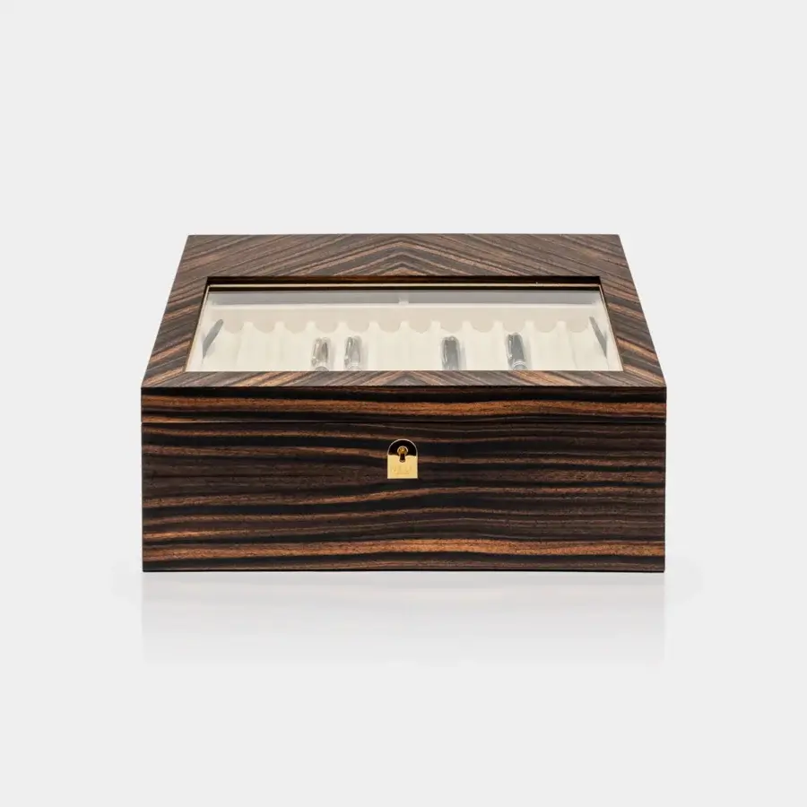 Exceptional Vèlle Milano Monaco Pens Box crafted in dark brown grain Macassar ebony with gold-toned metal lock and glass window