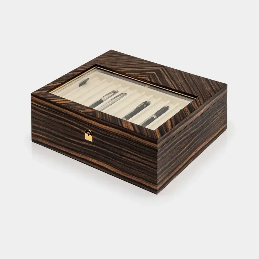 Refined Vèlle Milano Monaco Pens Box in Macassar ebony with dark brown grain, gold-toned metal lock and cream microfiber