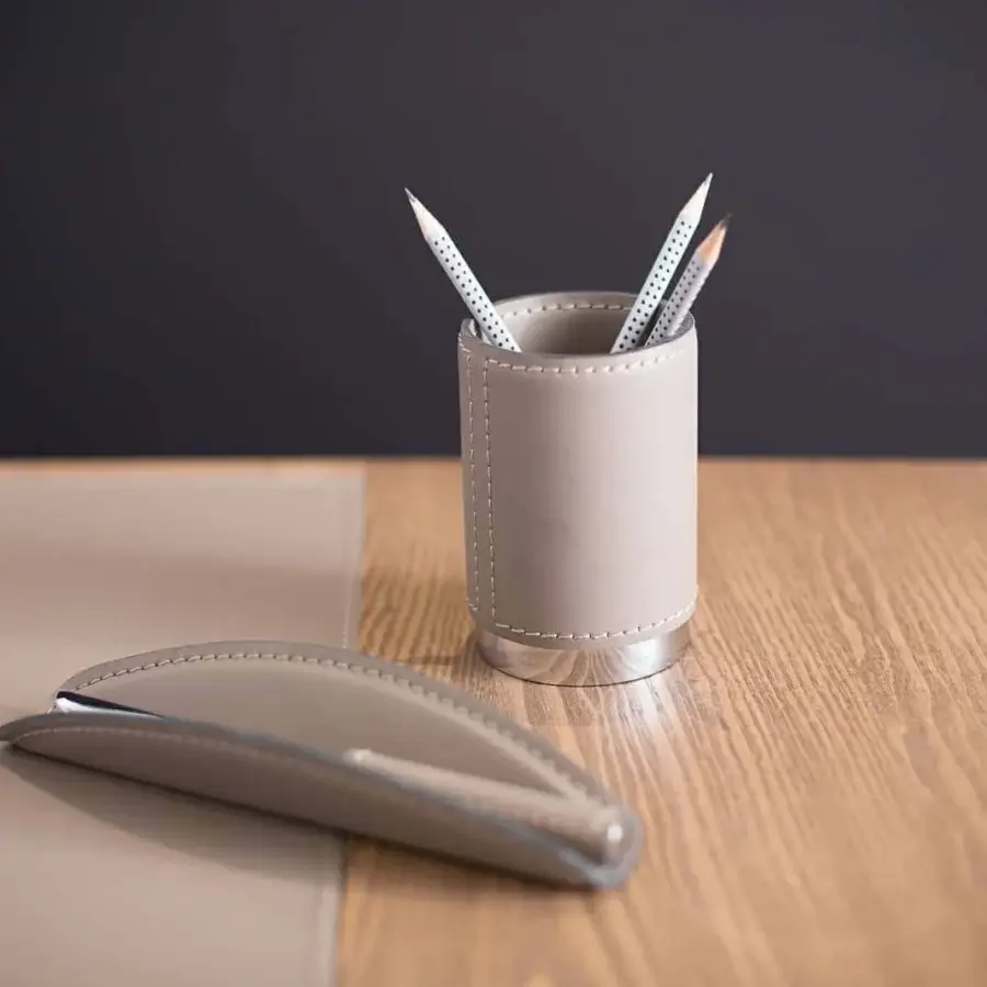 Meticulous Codutti iSixty Avantgarde stationery accessories in taupe premium leather with matte finish and silver metal base