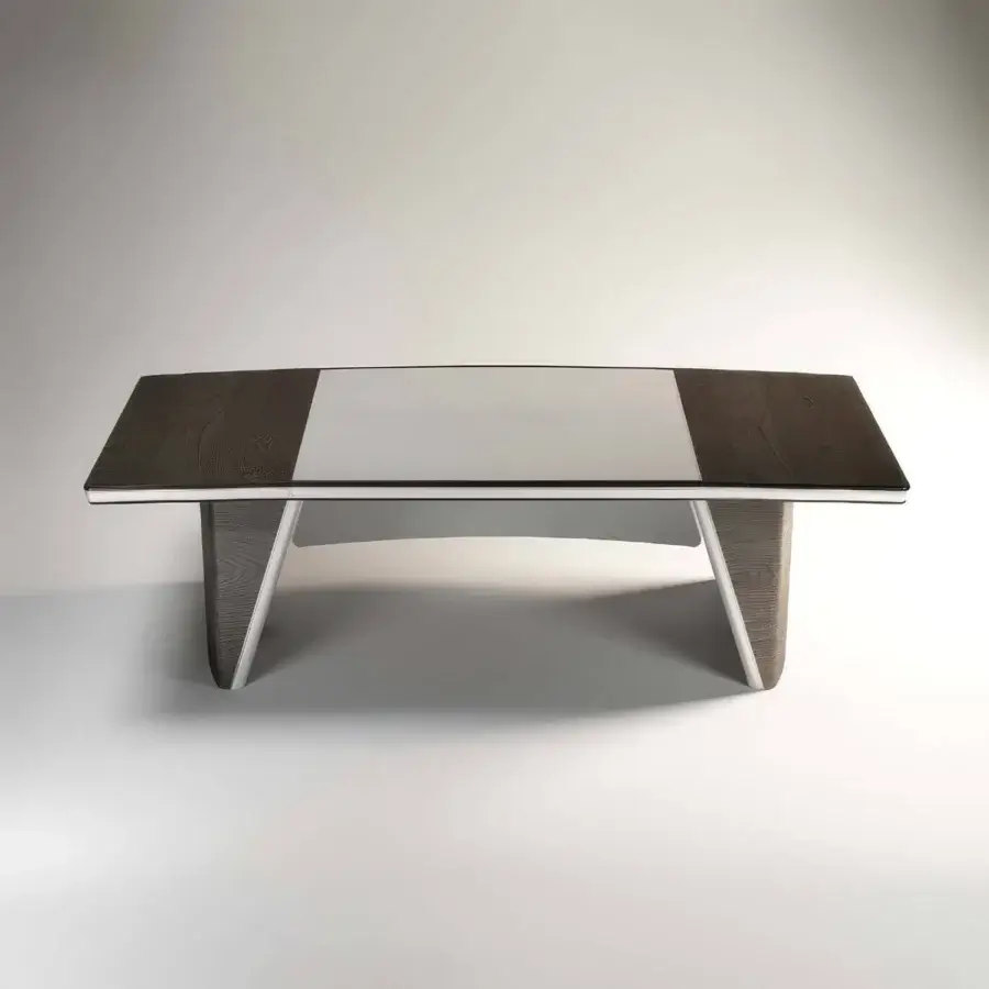 Sophisticated Codutti iSixty Avantgarde office desk in dark ash wood with off-white leather and polished metallic trim