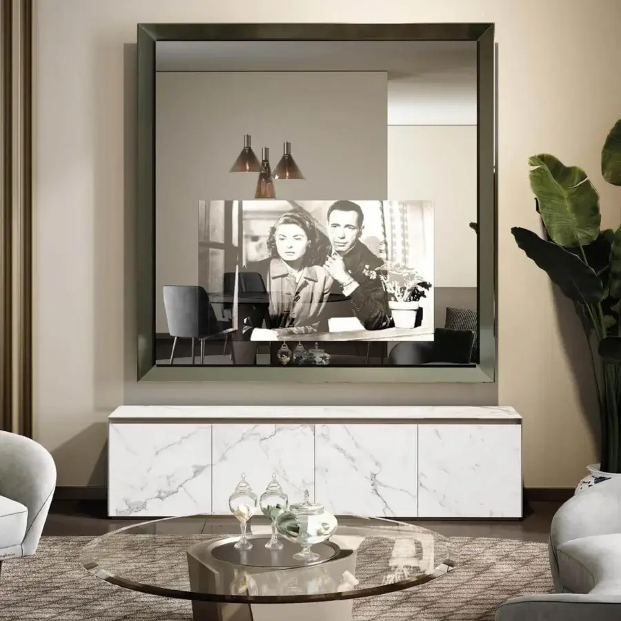 Exceptional Reflex Prisma TV mirror crafted with muted green glass and supersilver, exhibiting a sleek beveled finish