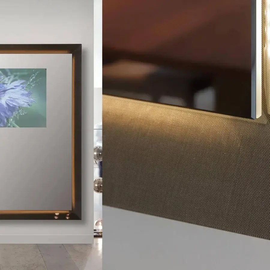 Superior Reflex Prisma TV mirror with supersilver beveled glass and a textured dark brown frame built with integrated LED lighting