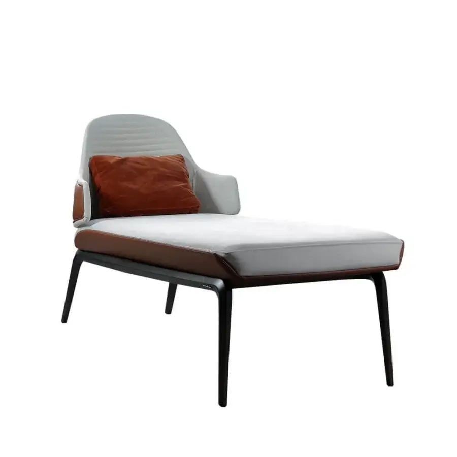 Exceptional Reflex Vela chaise lounge crafted in resin and wood with gray leather upholstery and brown leather-like trim