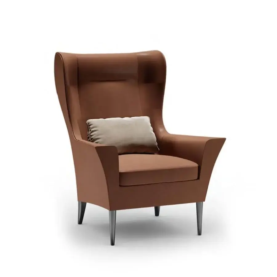 Elegant Reflex Bergère lounge chair with smooth brown upholstery and satin brass slender legs