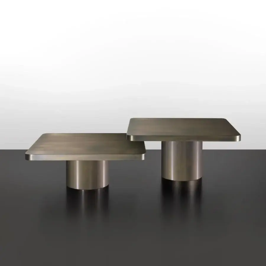 Distinguished Reflex Tau Steel coffee table with geometric tabletops and cylindrical bases in satin dark brass