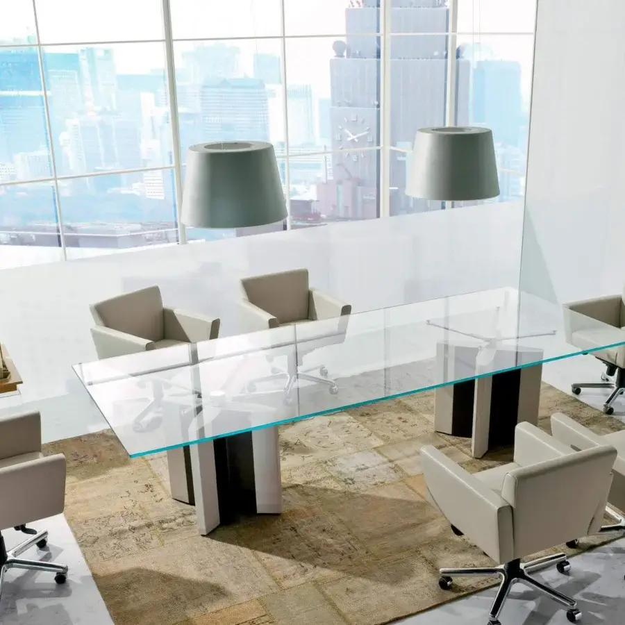 Distinguished 4 Mariani De-Symetria conference table with transparent glass tabletop and wood pedestal supports finished in chromed steel