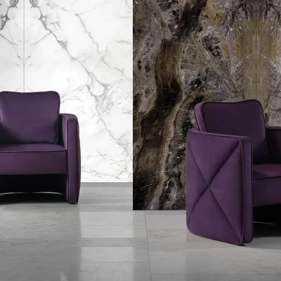 Superior Reflex Aura lounge chair with deep purple fabric upholstery and diamond convex details crafted with smooth matte finish