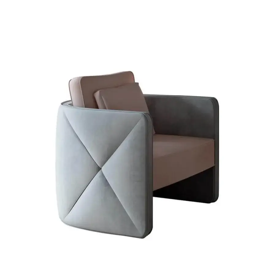 Distinguished Reflex Aura lounge chair with light gray textile upholstery and brownish-beige interior, crafted with quilted detailing and convex accents
