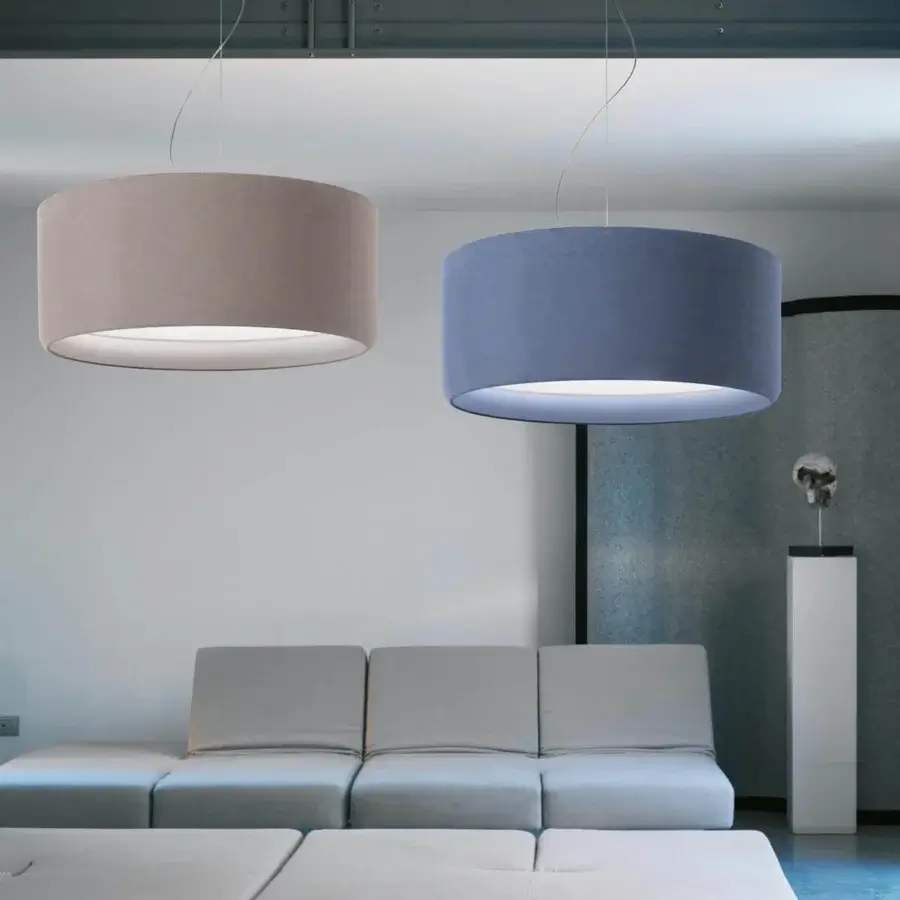 Exceptional Modo Luce Circus suspension lamp with cylindrical textile shade in muted blue finish