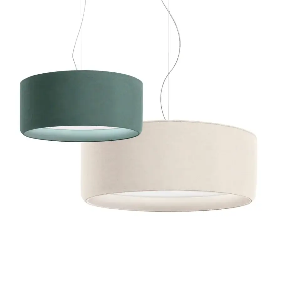 Superior Modo Luce Circus suspension lamp with cylindrical wool lampshade and delicate light gray cord