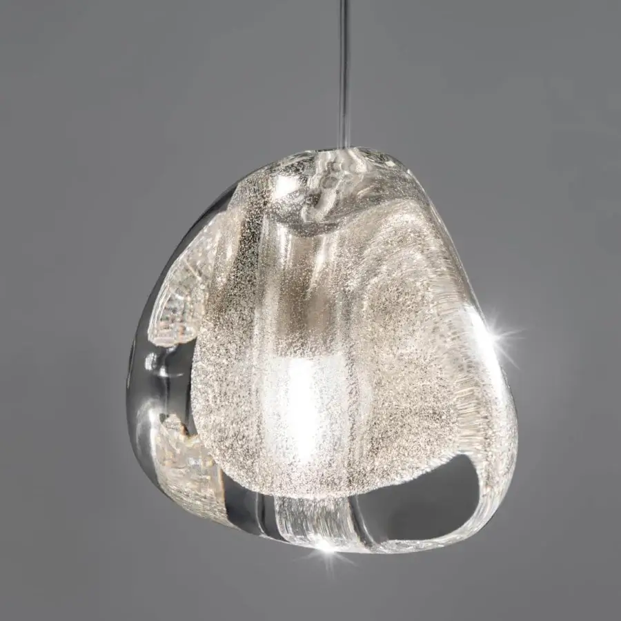Meticulous Terzani Mizu suspension lamp with unique transparent crystal shades crafted to emulate water refractions with delicate metal cables
