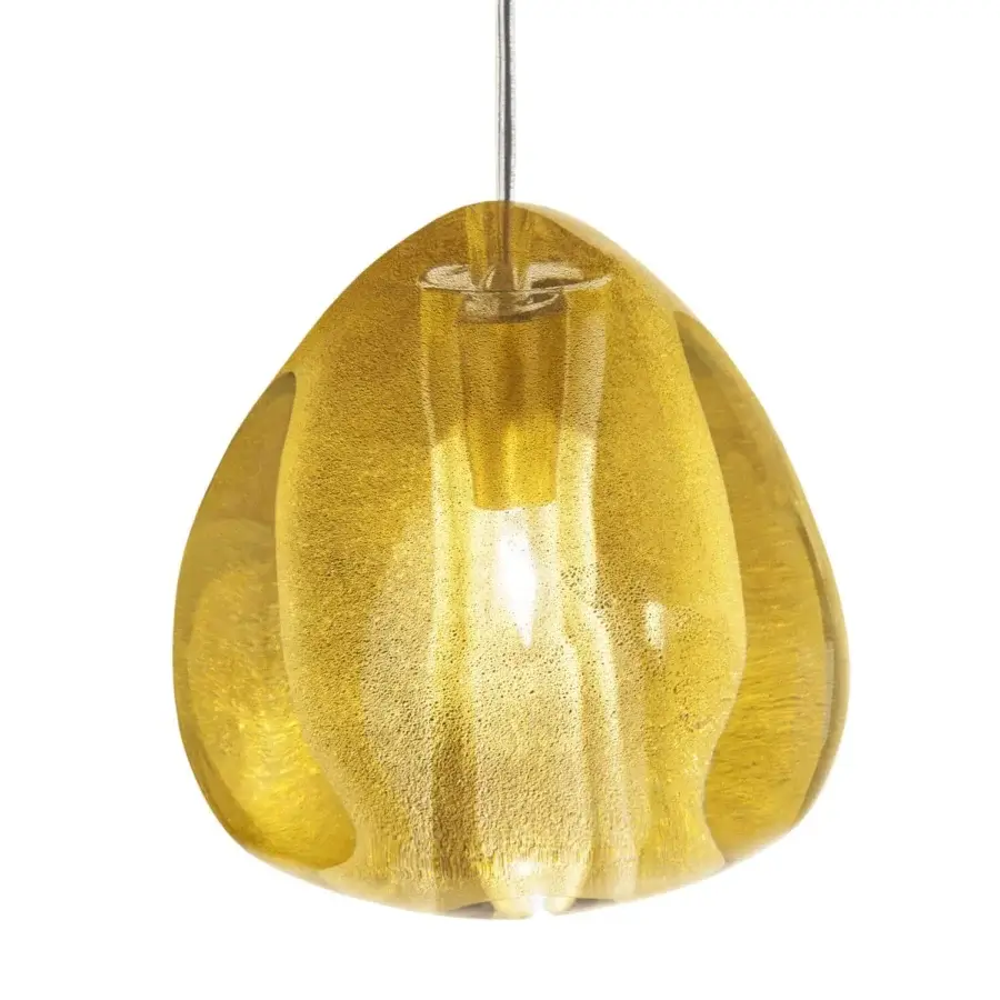 Superior Terzani Mizu suspension lamp with organic pear-like silhouette crafted in warm gold tone crystal