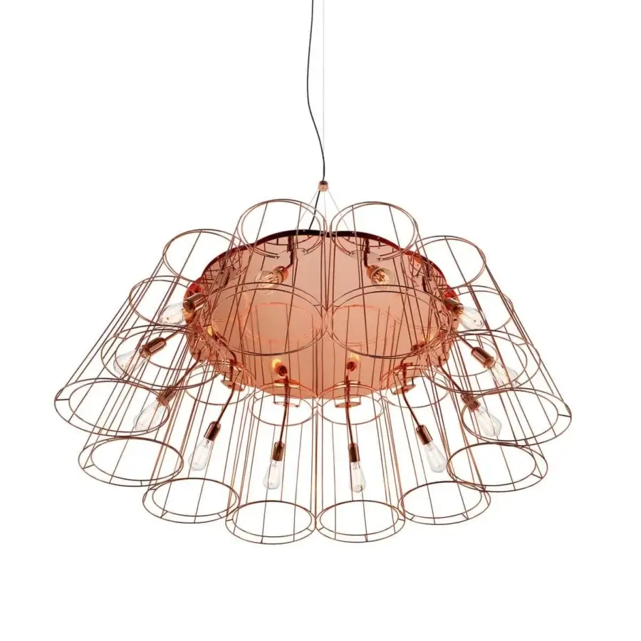 Innovative Modo Luce Florinda Desnuda suspension lamp with a flower shape built from copper-finished metallic wire and retro-style bulbs