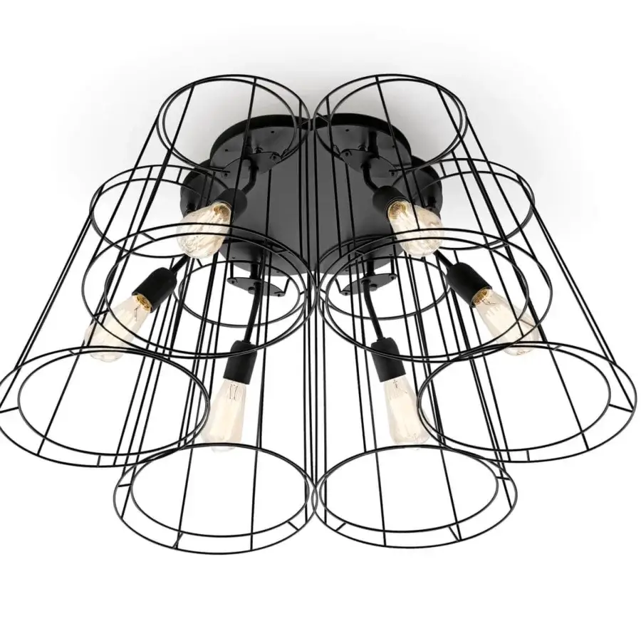 Elegant Modo Luce Florinda Desnuda ceiling lamp with a nude look and black metal cage-like structures around retro-style bulbs