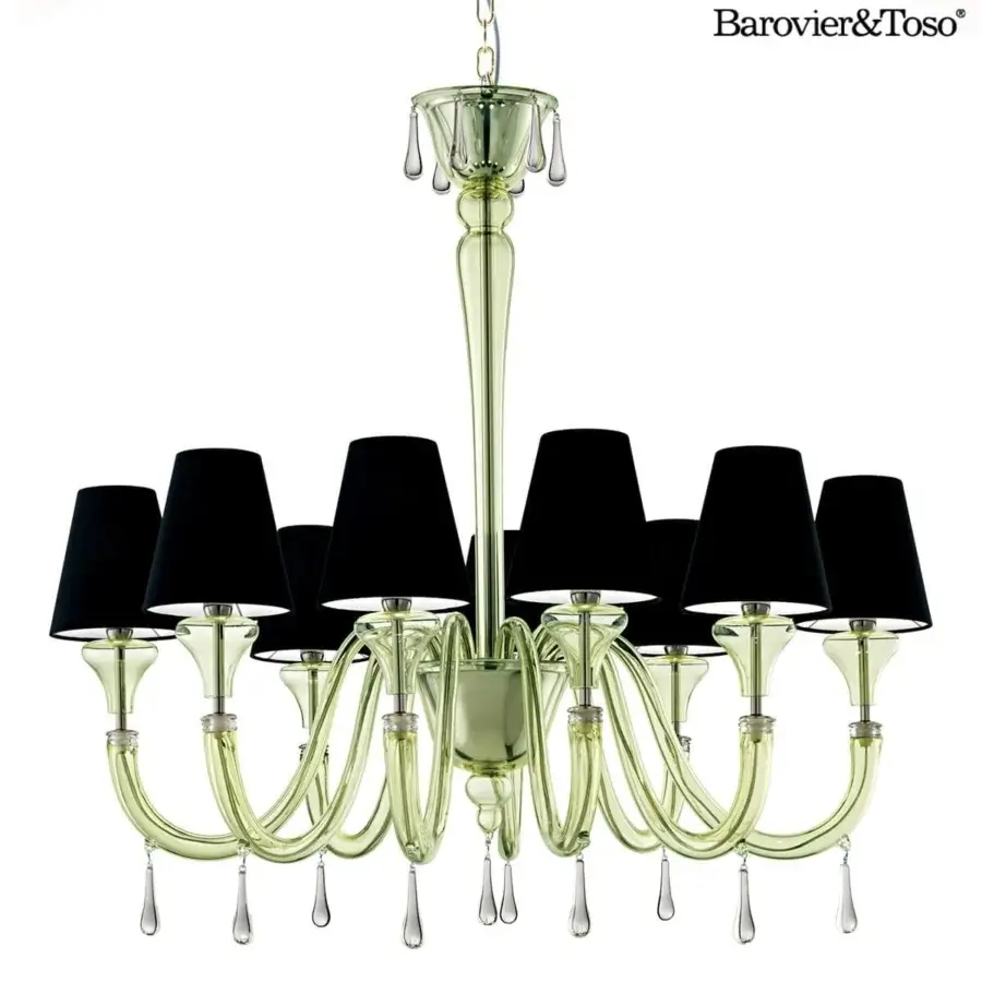 Superior Barovier&Toso Maryland chandelier with curved arms and delicate drop pendants in pale green Murano glass with glossy black lampshades