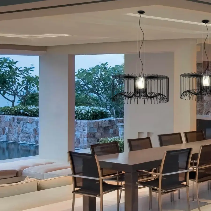 Distinguished Modo Luce Icaro outdoor suspension lamp with painted steel wire in matte black finish crafting a geometric silhouette